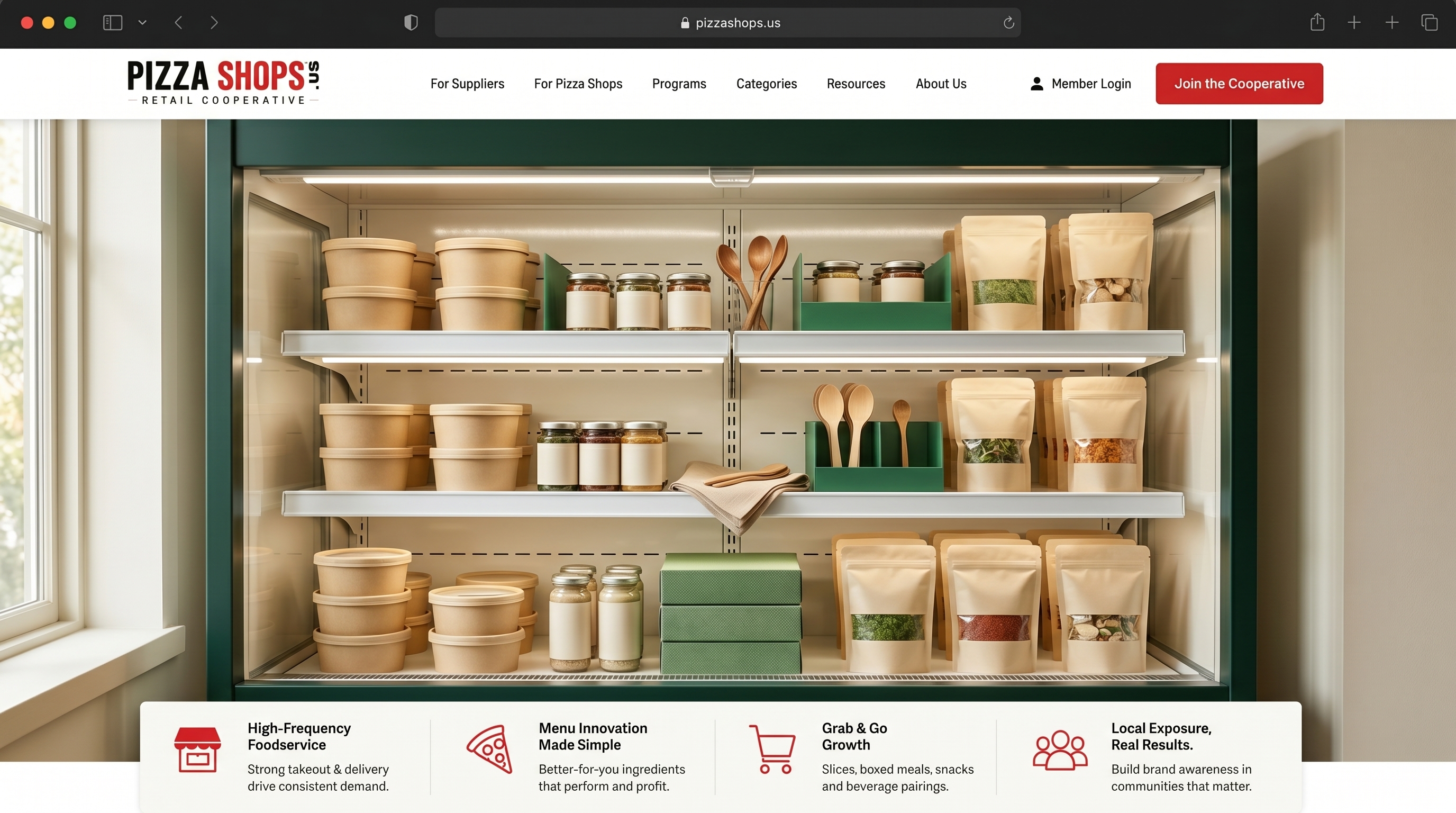 Editorial wide-angle photo of a clean grab-and-go cooler section with neat single-serve packaging silhouettes under bright case light, restrained green and cream palette.